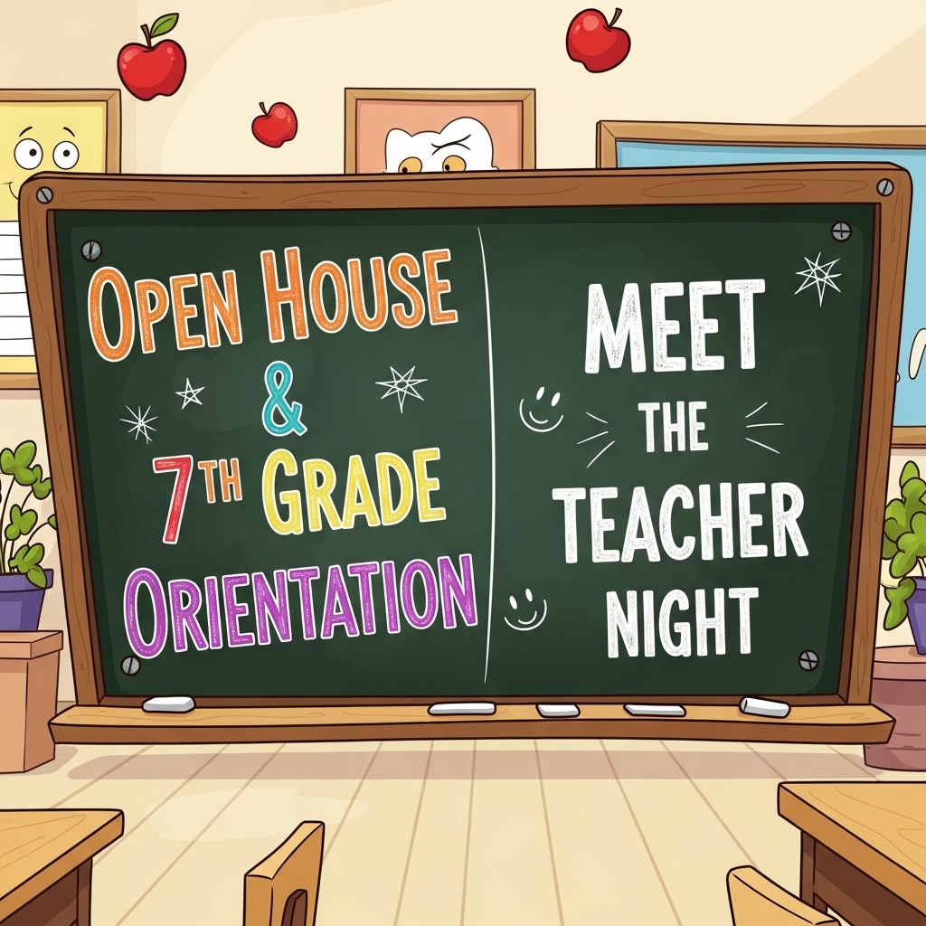 Cartoon chalkboard with the following text on it: Open House & 7th Grade Orientation | Meet the Teacher Night