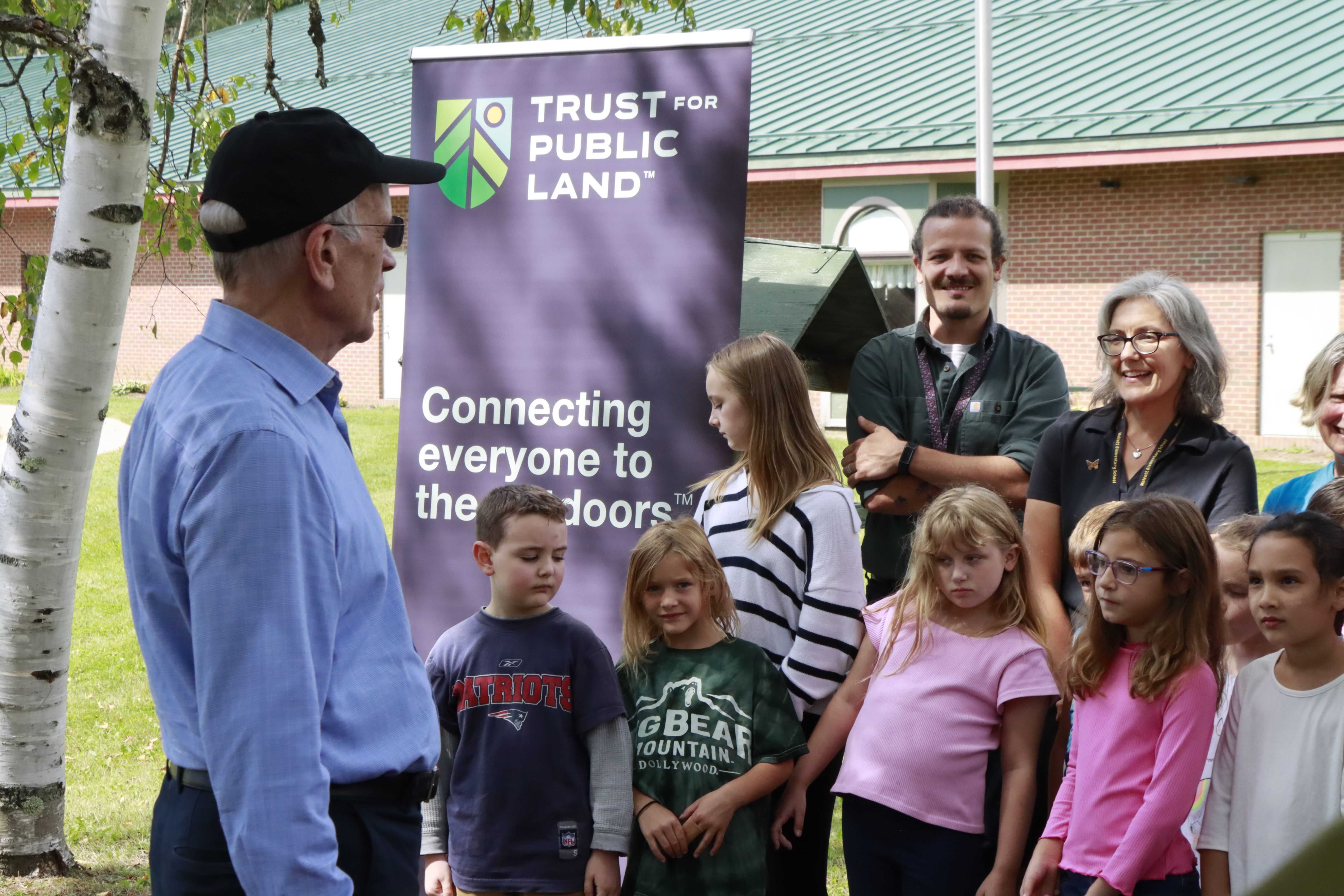 Senator Peter Welch Celebrating the Wolcott Community Forest with 2nd and 6th grade students and teachers
