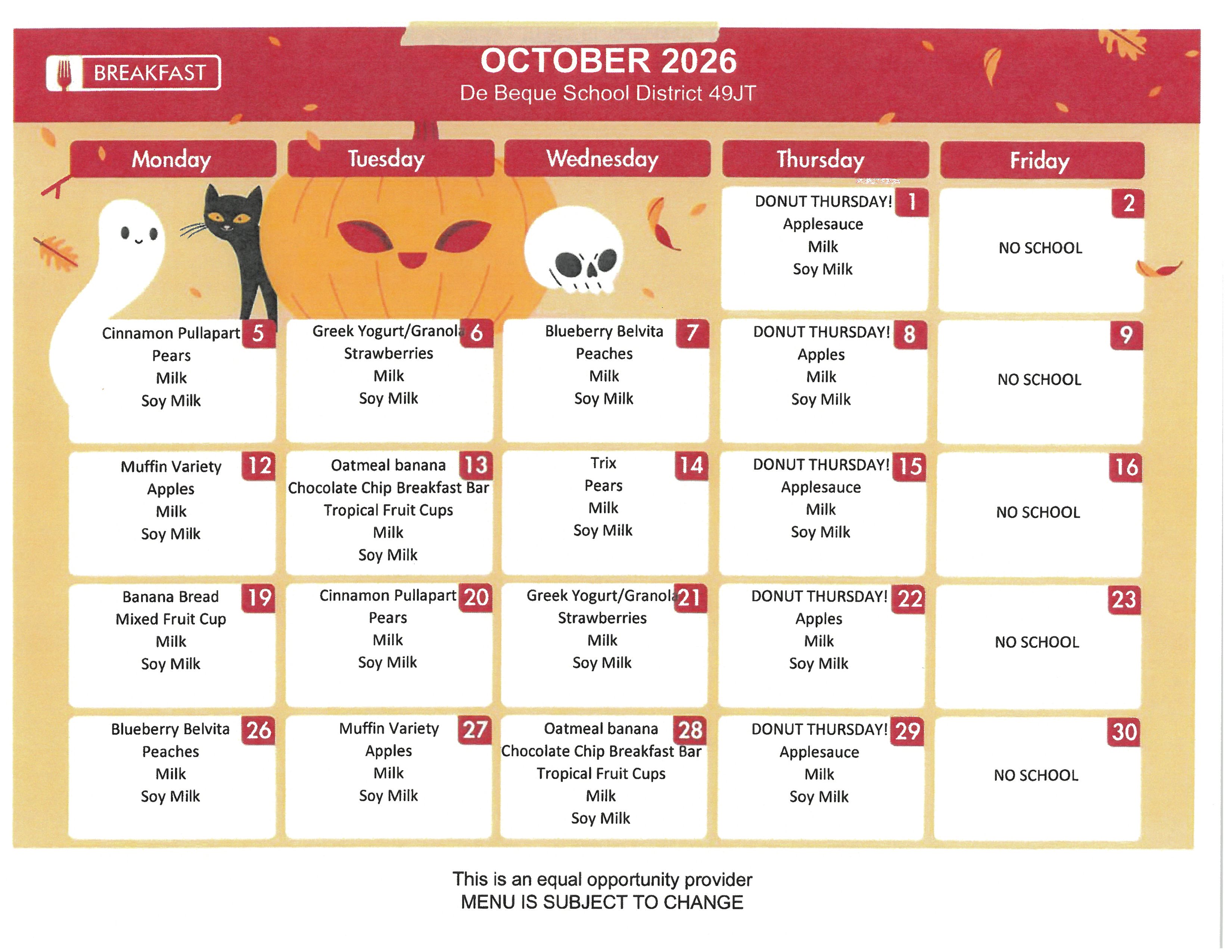 September 2026 Breakfast Menu