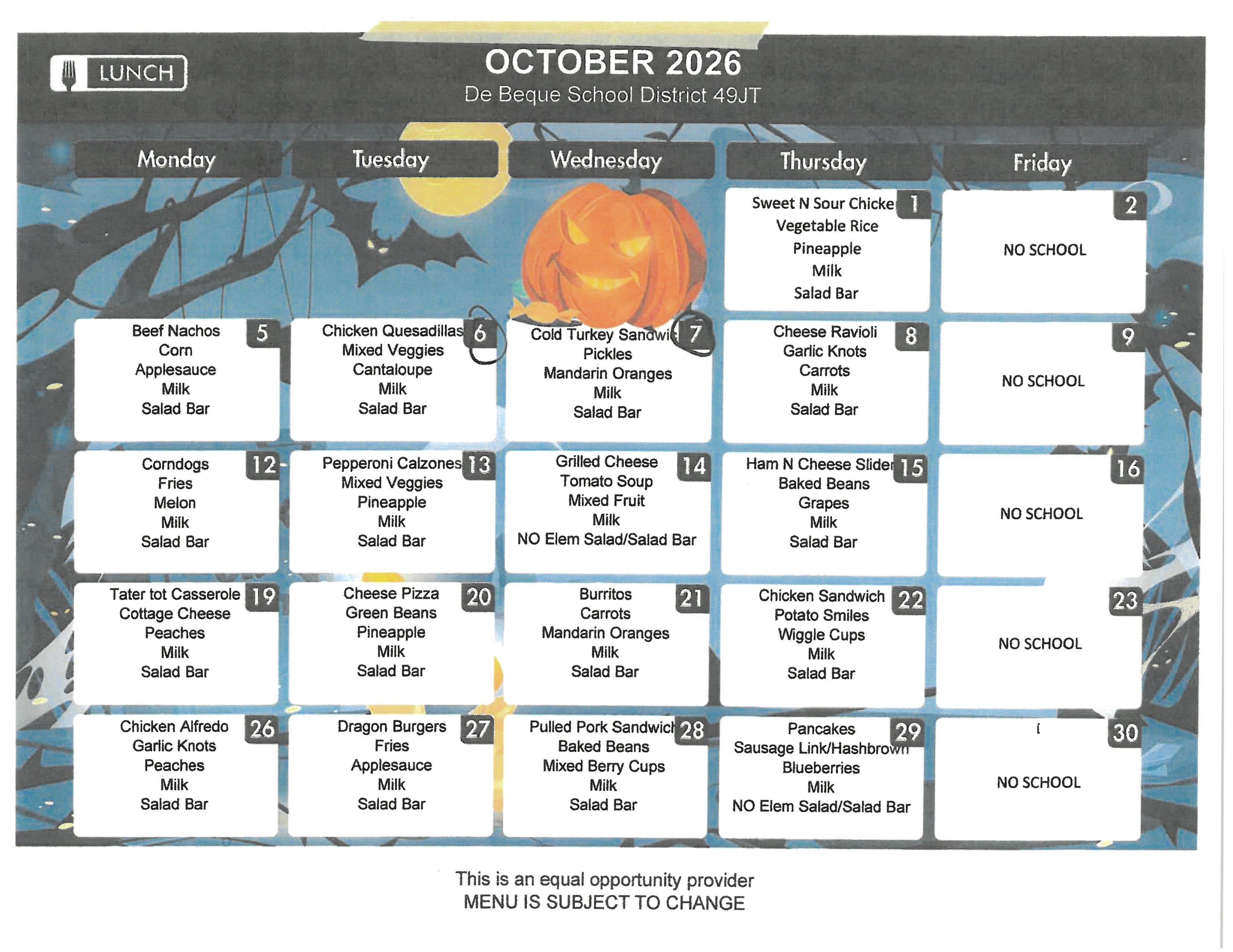 September 2026 Lunch Menu