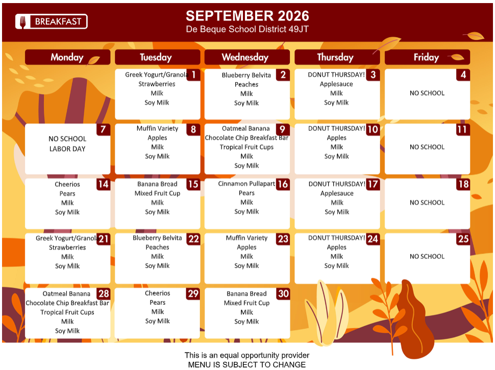 September 2026 Breakfast Menu