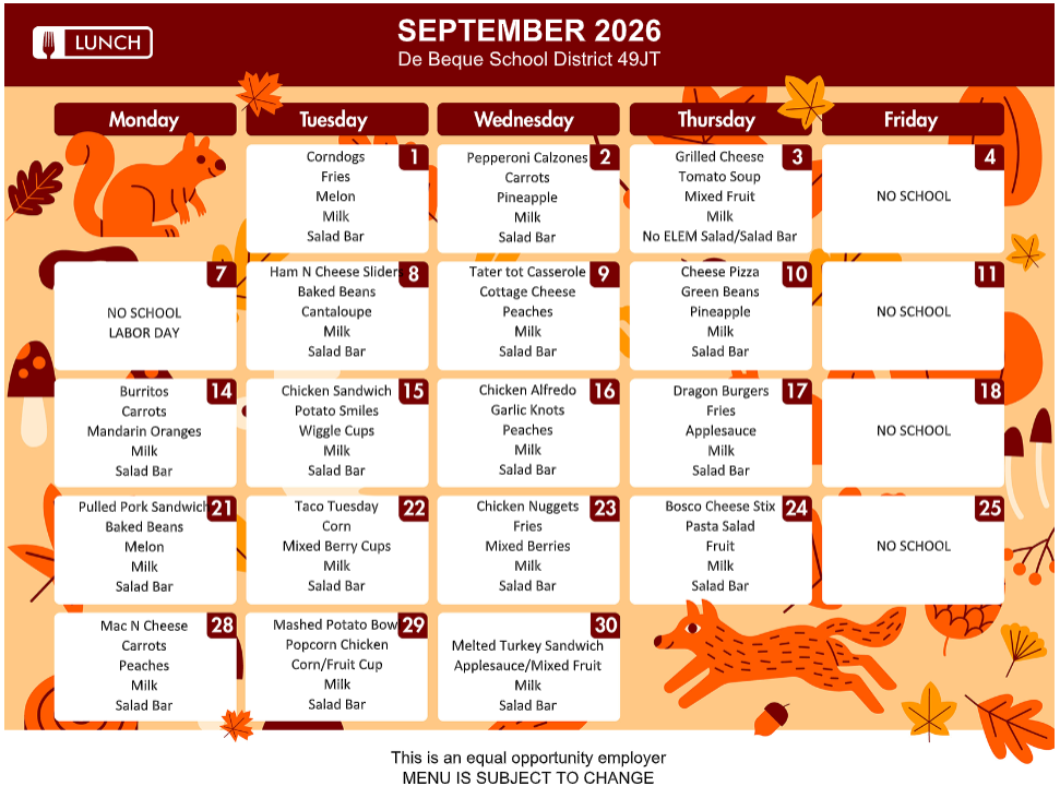 September 2026 Lunch Menu