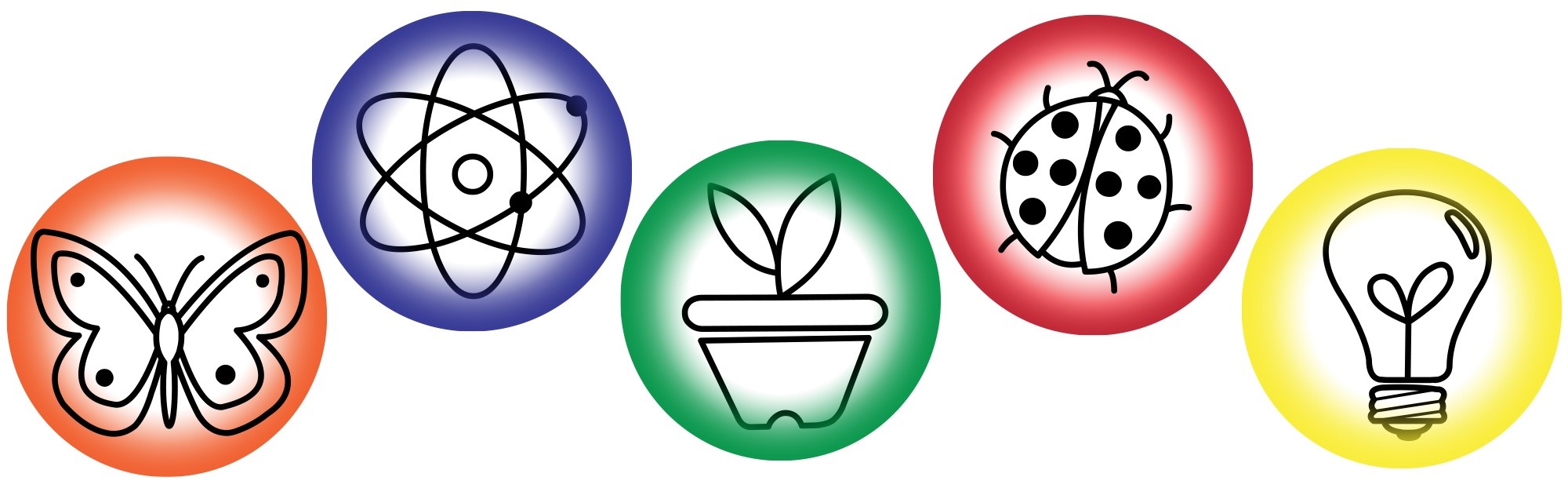 Butterfly, Atom, Plant, ladybug, lightbulb pictures in circles to represent the different sciences that can be researched for a science fair.