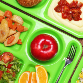 Vegetables and Fruits on a cafeteria tray
