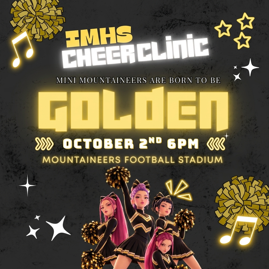 "IMHS Cheer Clinic." Text reads: "Mini Mountaineers are born to be Golden. October 2nd, 6PM at Mountaineers Football Stadium." Includes animated cheerleaders in black and gold uniforms with pom-poms, yellow stars, and music notes on a dark textured background.