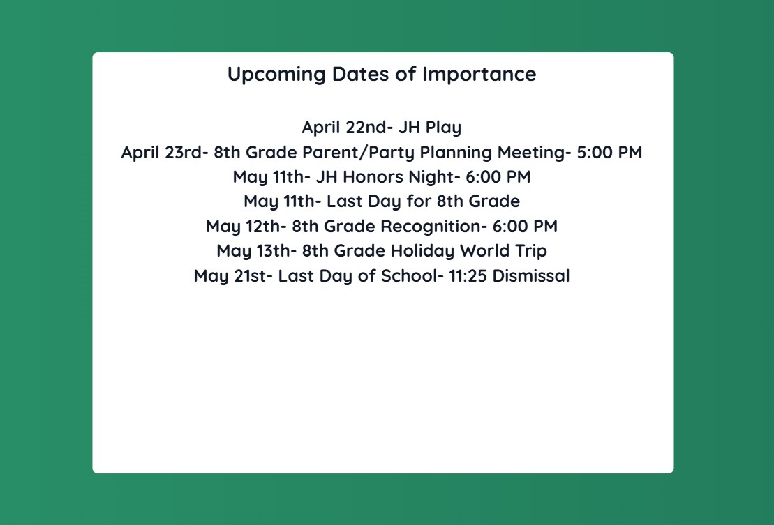 Upcoming Dates of Importance 