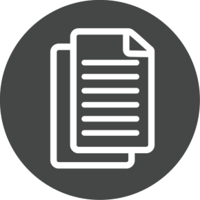 Grey circle with white paper outlines inside of it. 