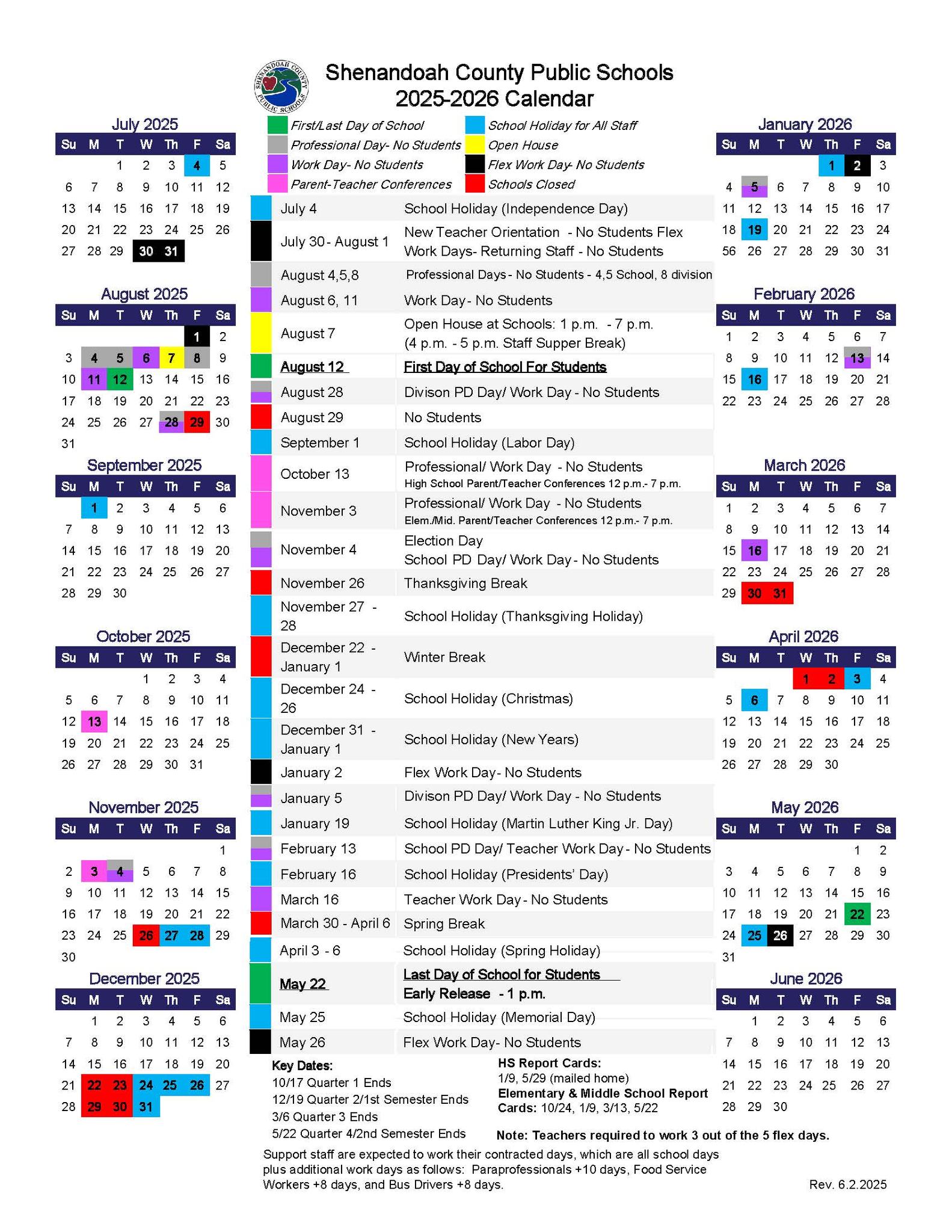 Shenandoah County Public Schools 2025-26 Calendar