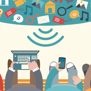 Cartoon showing a person on a laptop and phone