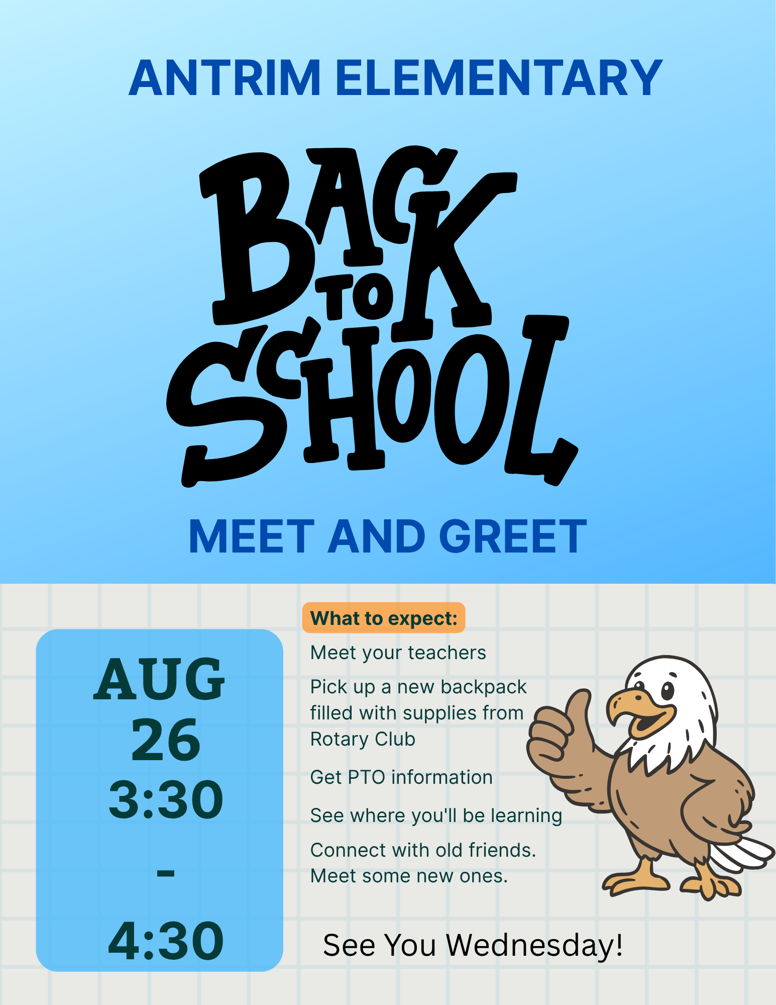 Flyer advertising Antrim Elementary Back to School event Wednesday, August 26 from 3:30-4:30