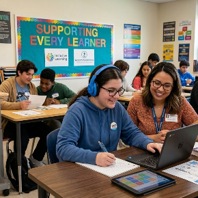Students working in a classroom. 