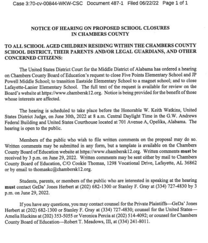 Notice of Hearing on ProposedSchool Closure in Chambers County