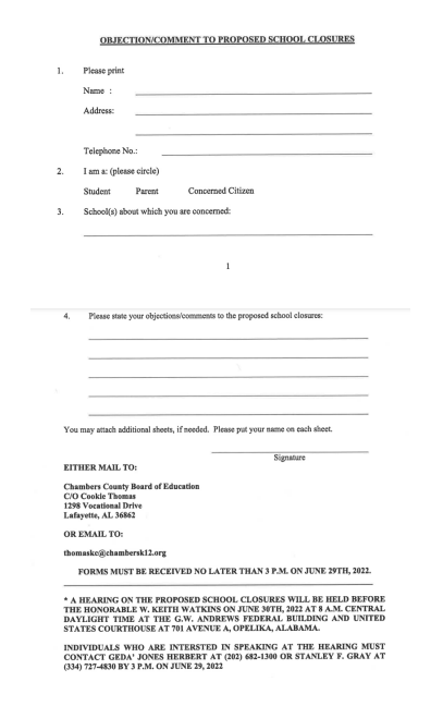 Notice of Hearing on ProposedSchool Closure in Chambers County