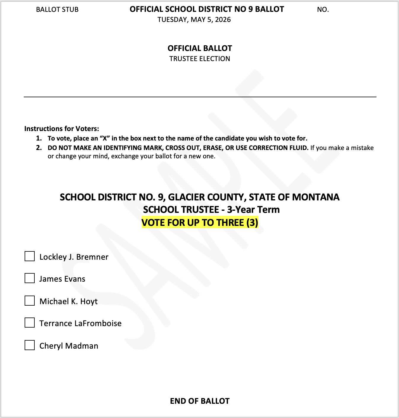 Sample Ballot for BPS SCHOOL ELECTION MAY 5, 2026