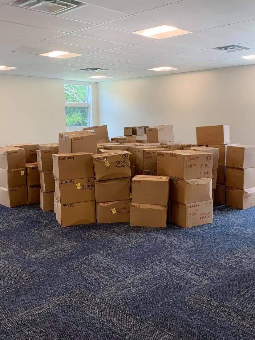 Pile of boxes with books brought over from SLS