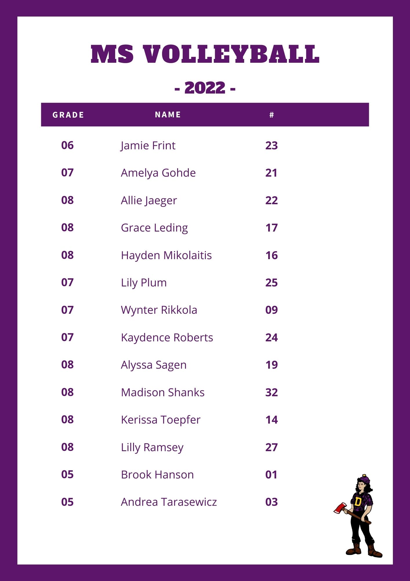 Middle School Volleyball Team Roster