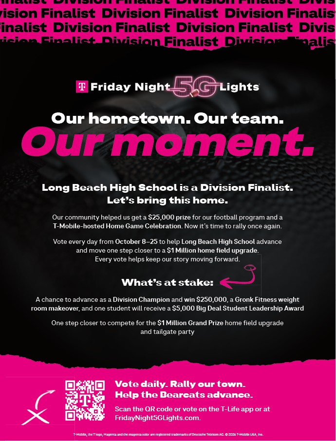 T-Mobile Friday Night 5G Lights graphic announcing Long Beach High School as a Division Finalist. The black-and-magenta design reads “Our hometown. Our team. Our moment.” and encourages the community to vote daily October 8–25. The graphic highlights a chance to win $250,000, a Gronk Fitness weight room makeover, a $5,000 Big Deal Student Leadership Award, and advancement toward a $1 million home-field upgrade and tailgate party. A QR code and FridayNight5GLights.com are provided for voting.