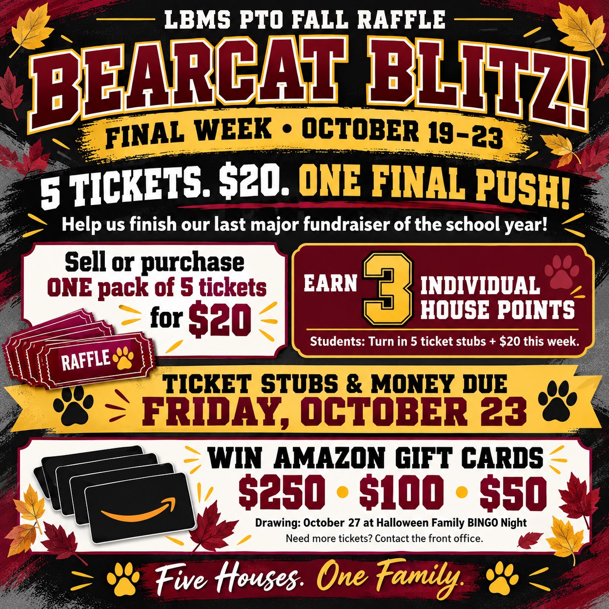 Colorful promotional flyer for the Long Beach Middle School PTO Fall Raffle. The headline reads, “LBMS PTO Fall Raffle Bearcat Blitz!” with “Final Week • October 19-23” displayed beneath it. The flyer promotes raffle tickets at “5 Tickets. $20. One Final Push!” and encourages participation to help finish the school year’s last major fundraiser. A highlighted section states, “Sell or purchase one pack of 5 tickets for $20” and “Earn 3 Individual House Points.” Students are instructed to turn in 5 ticket stubs and $20 during the week. Another banner announces, “Ticket Stubs & Money Due Friday, October 23.” Prize information includes Amazon gift cards valued at $250, $100, and $50. The drawing will be held October 27 at Halloween Family Bingo Night. Additional text reads, “Need more tickets? Contact the front office.” The flyer features maroon, gold, black, and white school colors with autumn leaves, paw print graphics, raffle ticket illustrations, and Amazon gift card images. The bottom slogan reads, “Five Houses. One Family.”