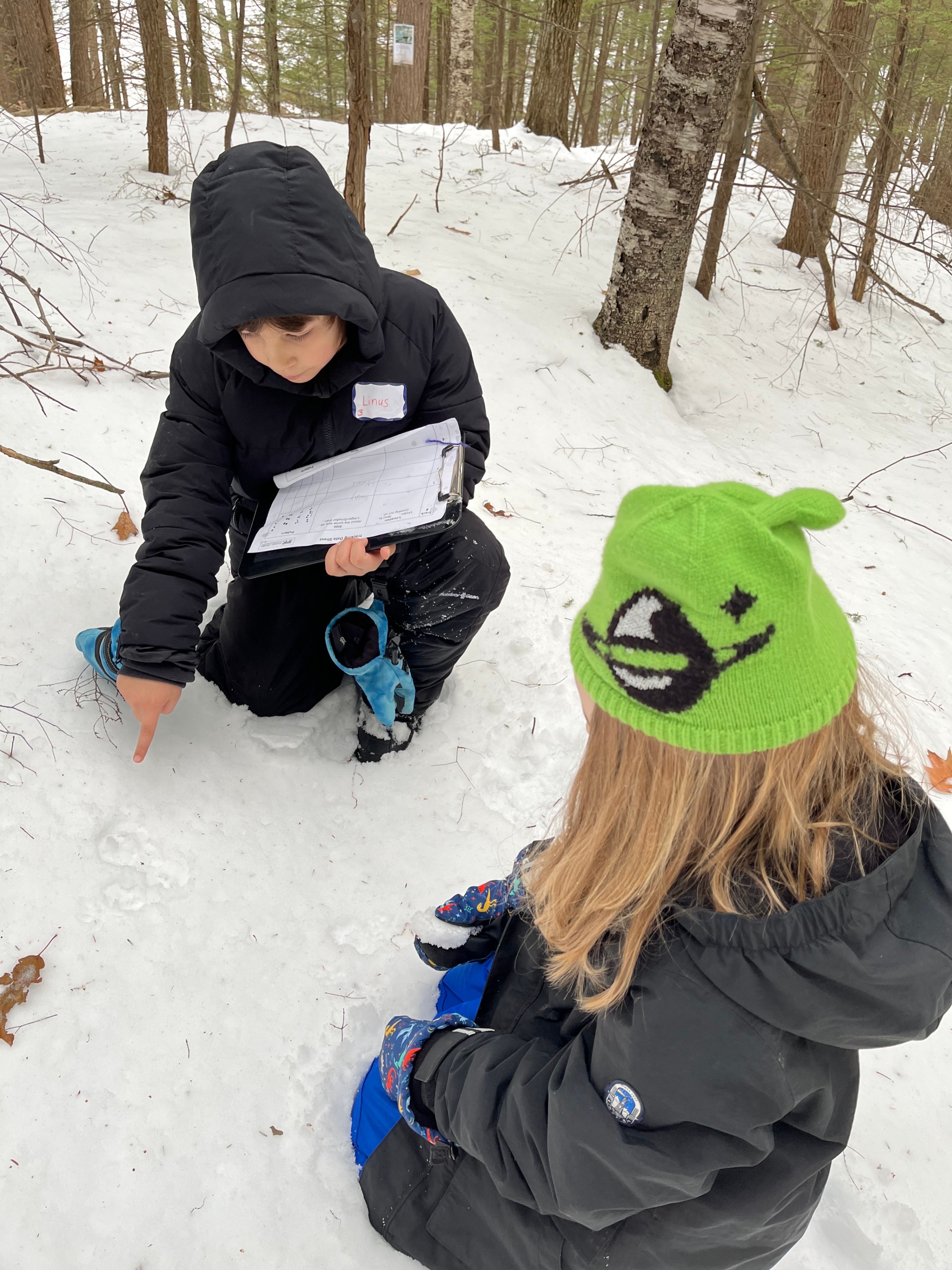 Students looking at snow tracks