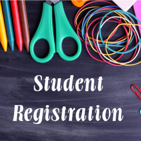 Student Registration on a blackboard with scissors and other school supplies around