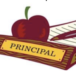 Cartoon of a "Principal" name plaque, an apple, and a pad of paper with a pen lying on it